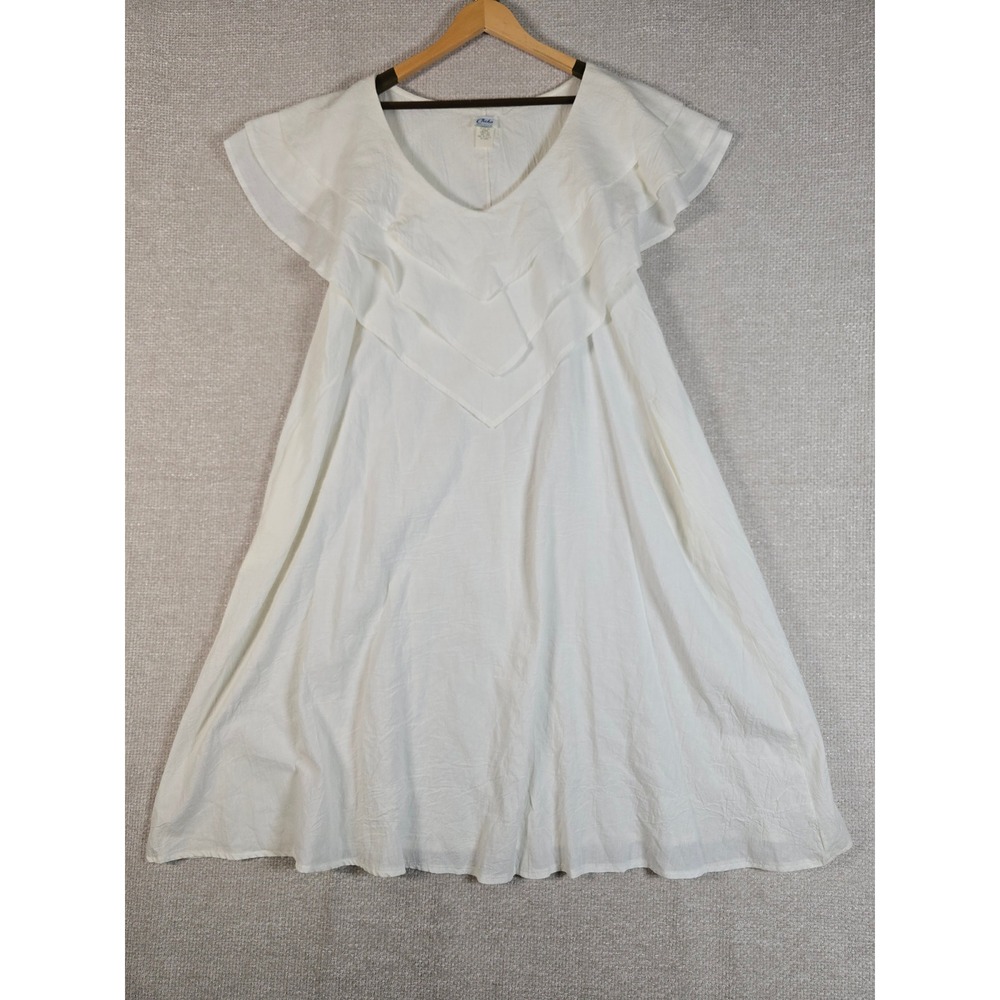 Chiha White Cotton Ruffle Dress Womens Large V-Neck Tiered Made in USA Boho L